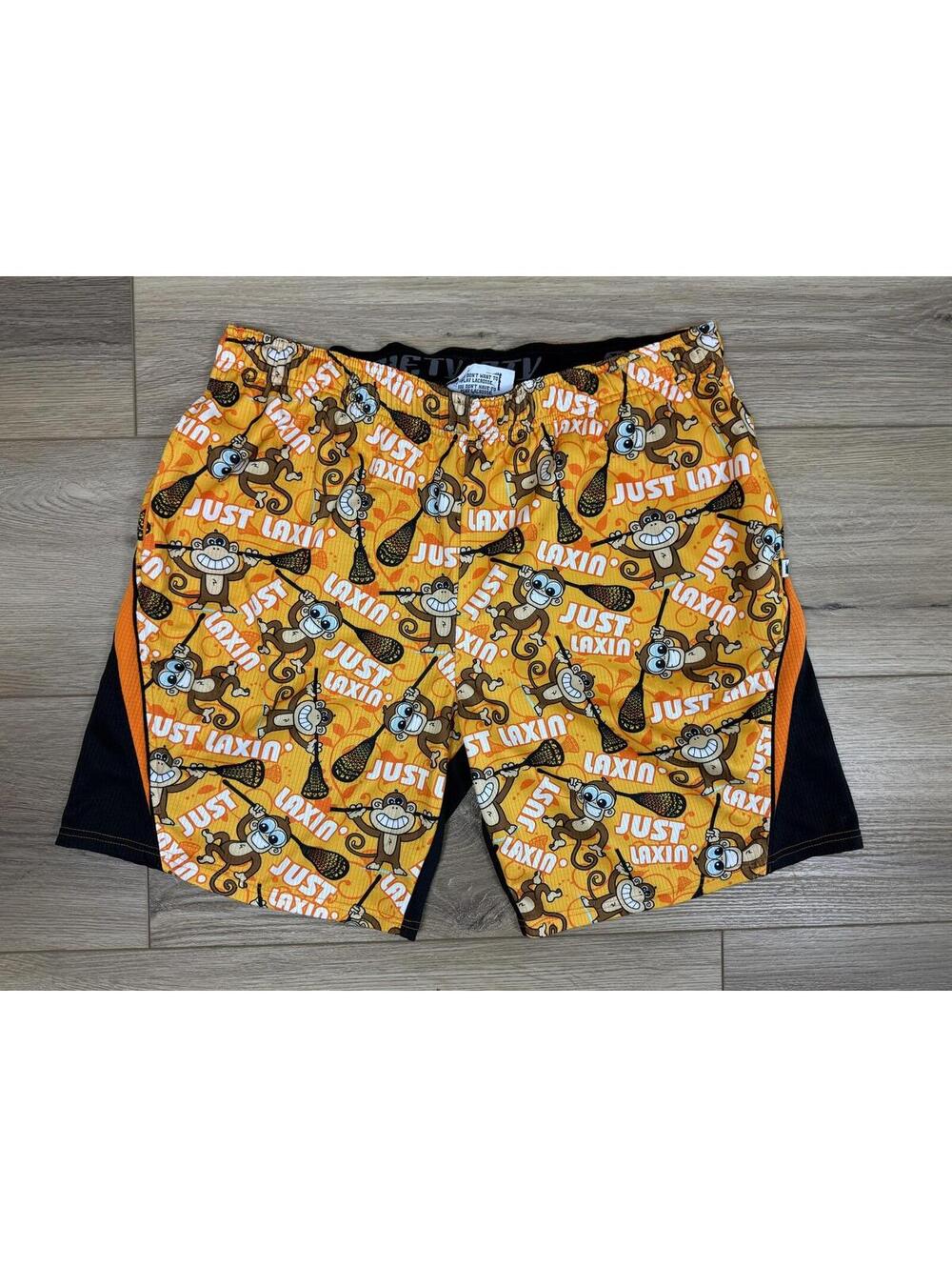 Flow Society Shorts Mens L Orange Just Laxin Monkey Lacrosse Print Athletic